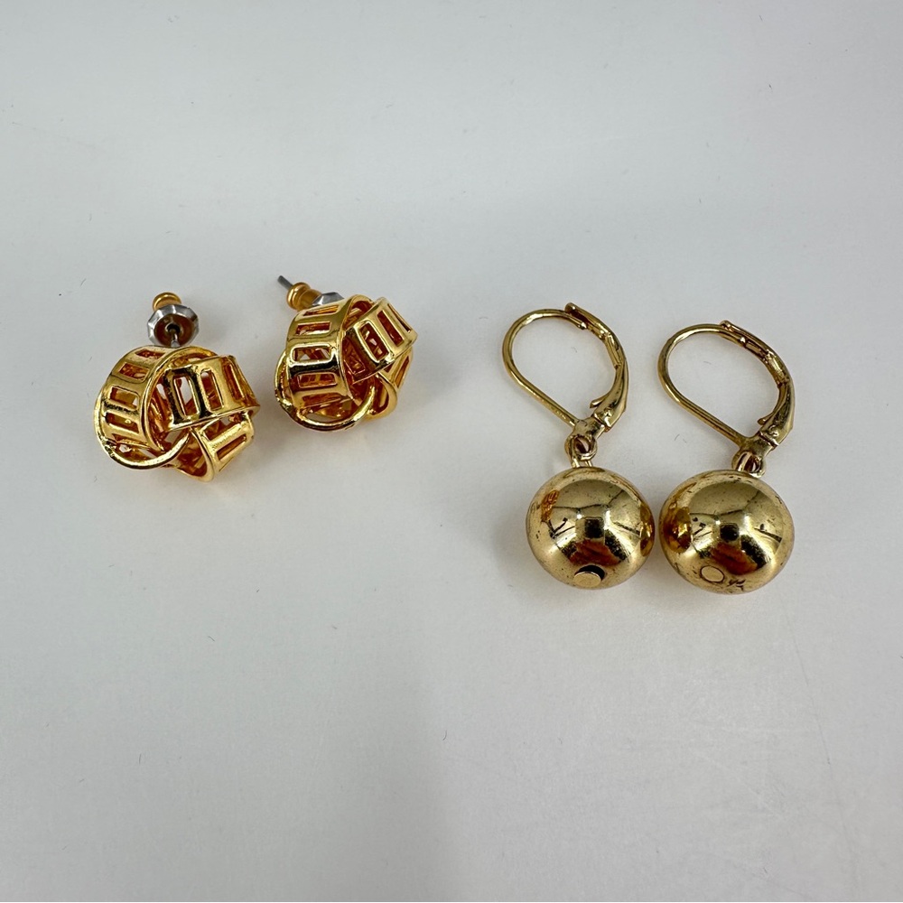 Vintage Gold Tone Textured Round Knot Stud Post Dangle Ball Earrings LOT OF 2